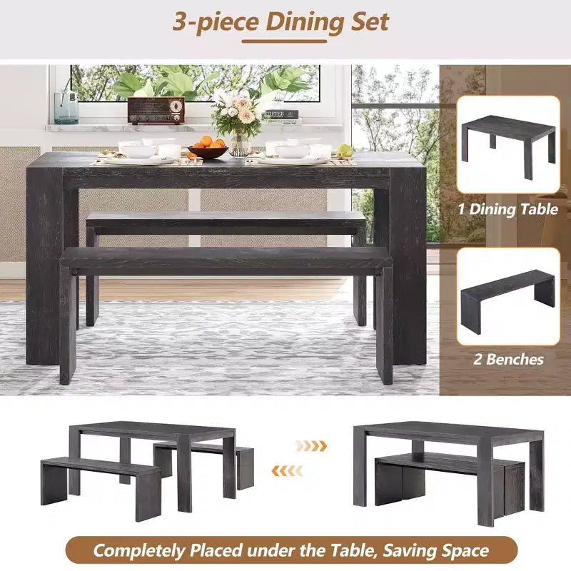 Clihome Ensemble de salle à manger 3 pièces de style campagnard, table à manger et 2 bancs, pour salle à manger, cuisine et salon