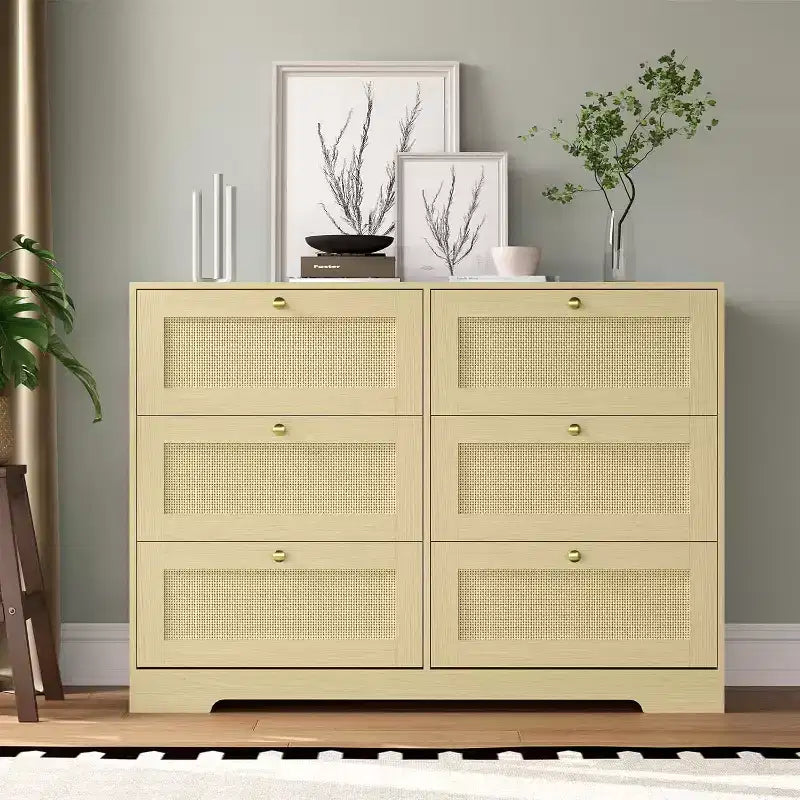 Commode en rotin avec 6/8 tiroirs, commode en bois de style bohème moderne, commode en osier avec poignées métalliques et pieds en bois massif, pour bureau à domicile