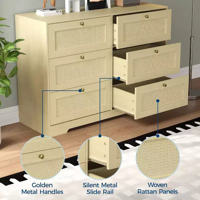 Commode en rotin avec 6/8 tiroirs, commode en bois de style bohème moderne, commode en osier avec poignées métalliques et pieds en bois massif, pour bureau à domicile