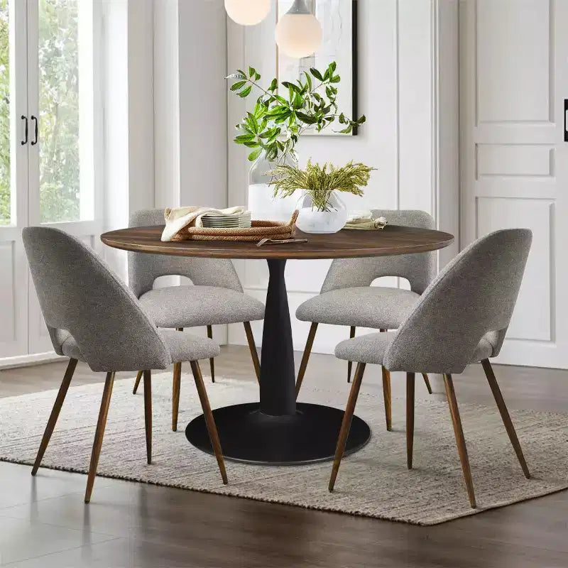 Ensemble de salle à manger 5 pièces pour 4 personnes, table à manger ronde noyer avec pied piédestal en métal + 4 chaises sans accoudoirs rembourrées pour salle à manger, cuisine - Panipeachy