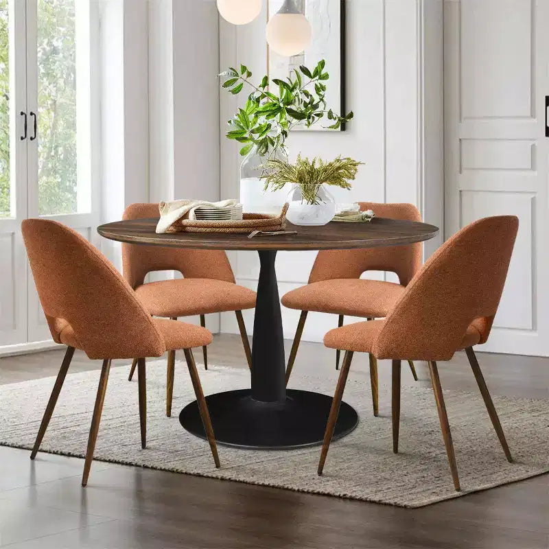 Ensemble de salle à manger 5 pièces pour 4 personnes, table à manger ronde noyer avec pied piédestal en métal + 4 chaises sans accoudoirs rembourrées pour salle à manger, cuisine - Panipeachy