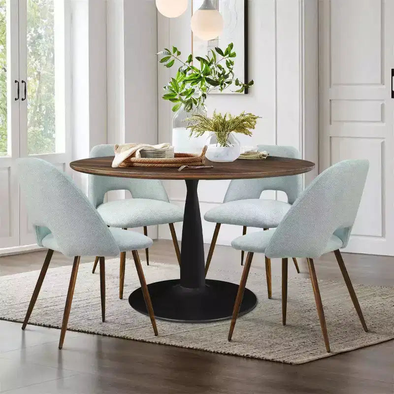 Ensemble de salle à manger 5 pièces pour 4 personnes, table à manger ronde noyer avec pied piédestal en métal + 4 chaises sans accoudoirs rembourrées pour salle à manger, cuisine - Panipeachy