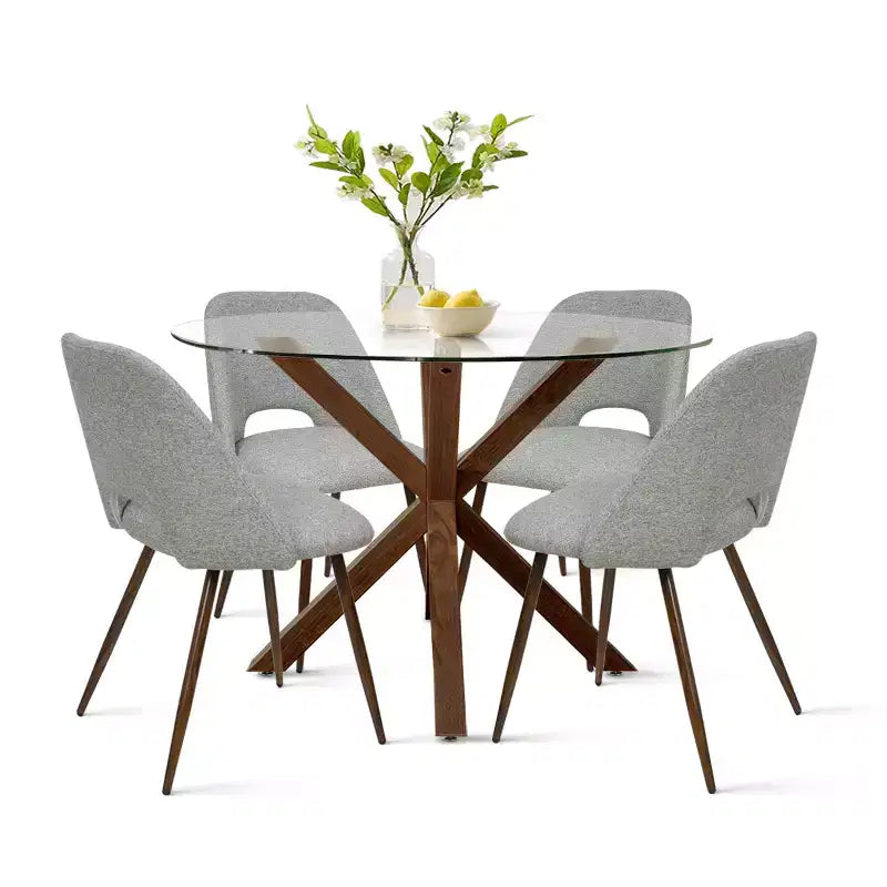 Ensemble de salle à manger rond 5 pièces en verre avec chaises en tissu rembourré, meubles de cuisine et de salle à manger modernes avec pieds en noyer-Panipeachy