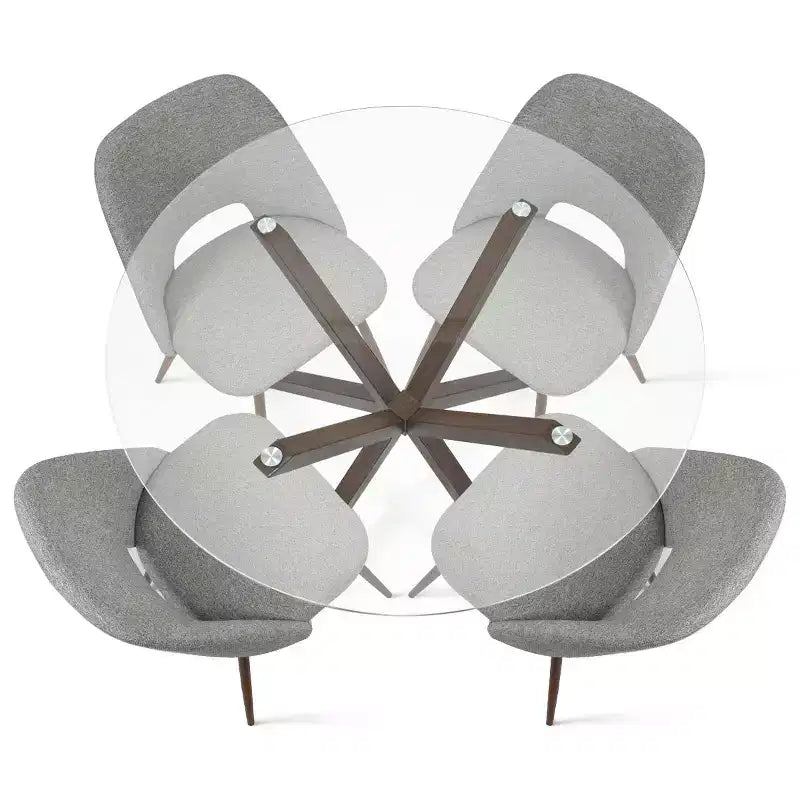 Ensemble de salle à manger rond 5 pièces en verre avec chaises en tissu rembourré, meubles de cuisine et de salle à manger modernes avec pieds en noyer-Panipeachy
