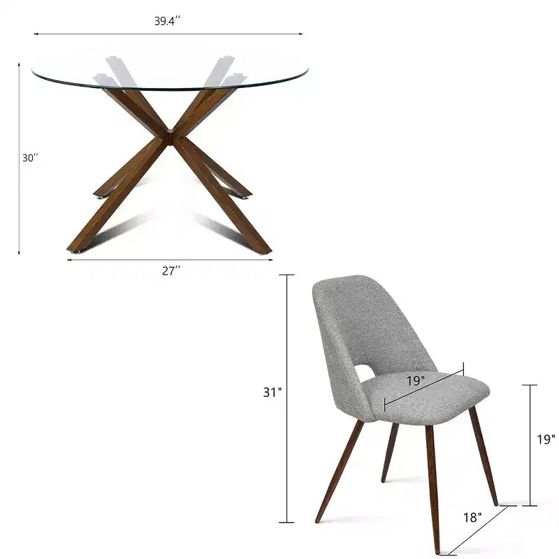Ensemble de salle à manger rond 5 pièces en verre avec chaises en tissu rembourré, meubles de cuisine et de salle à manger modernes avec pieds en noyer-Panipeachy