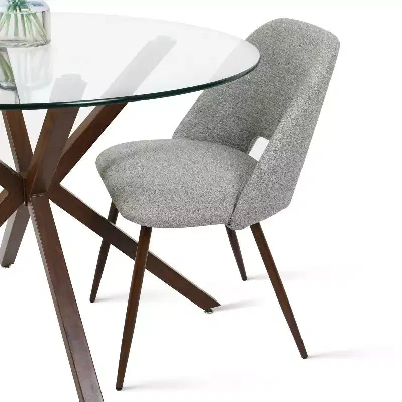 Ensemble de salle à manger rond 5 pièces en verre avec chaises en tissu rembourré, meubles de cuisine et de salle à manger modernes avec pieds en noyer-Panipeachy