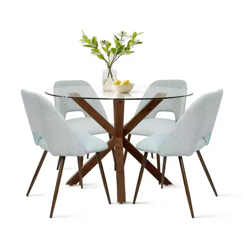 Ensemble de salle à manger rond 5 pièces en verre avec chaises en tissu rembourré, meubles de cuisine et de salle à manger modernes avec pieds en noyer-Panipeachy