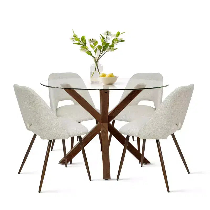 Ensemble de salle à manger rond 5 pièces en verre avec chaises en tissu rembourré, meubles de cuisine et de salle à manger modernes avec pieds en noyer-Panipeachy