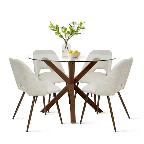 Ensemble de salle à manger rond 5 pièces en verre avec chaises en tissu rembourré, meubles de cuisine et de salle à manger modernes avec pieds en noyer-Panipeachy