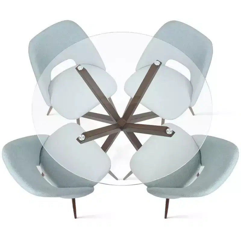 Ensemble de salle à manger rond 5 pièces en verre avec chaises en tissu rembourré, meubles de cuisine et de salle à manger modernes avec pieds en noyer-Panipeachy