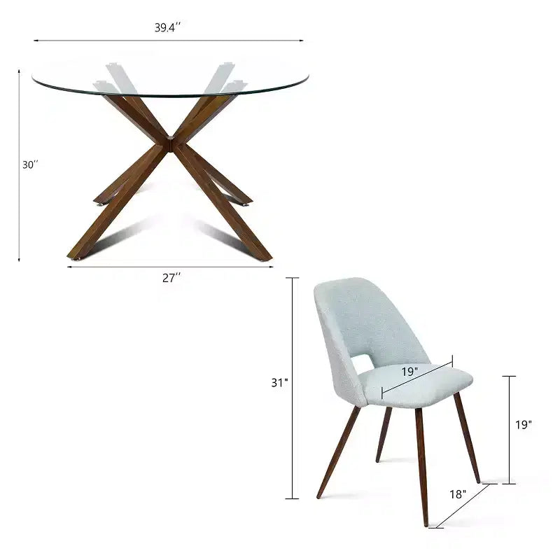 Ensemble de salle à manger rond 5 pièces en verre avec chaises en tissu rembourré, meubles de cuisine et de salle à manger modernes avec pieds en noyer-Panipeachy