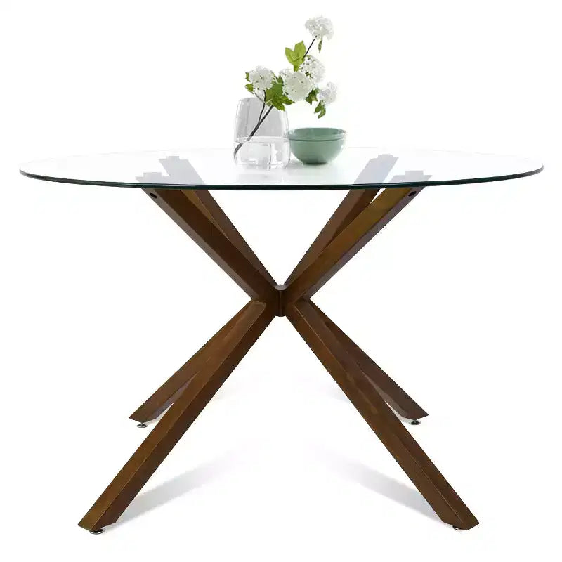 Ensemble de salle à manger rond 5 pièces en verre avec chaises en tissu rembourré, meubles de cuisine et de salle à manger modernes avec pieds en noyer-Panipeachy