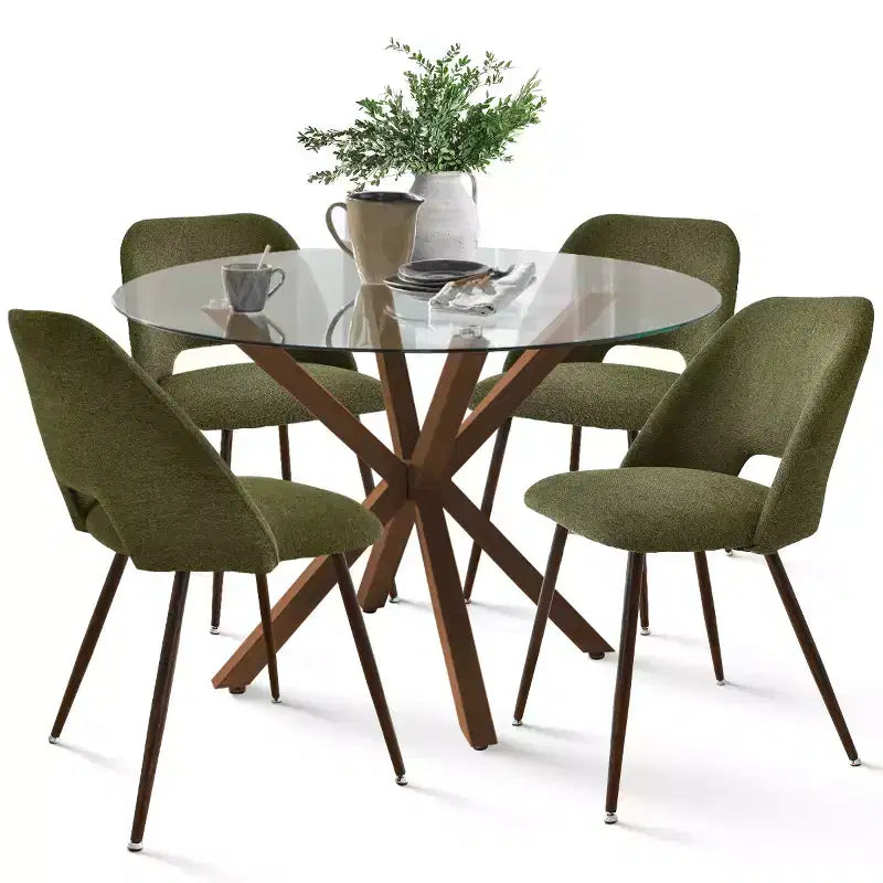 Ensemble de salle à manger rond 5 pièces en verre avec chaises en tissu rembourré, meubles de cuisine et de salle à manger modernes avec pieds en noyer-Panipeachy