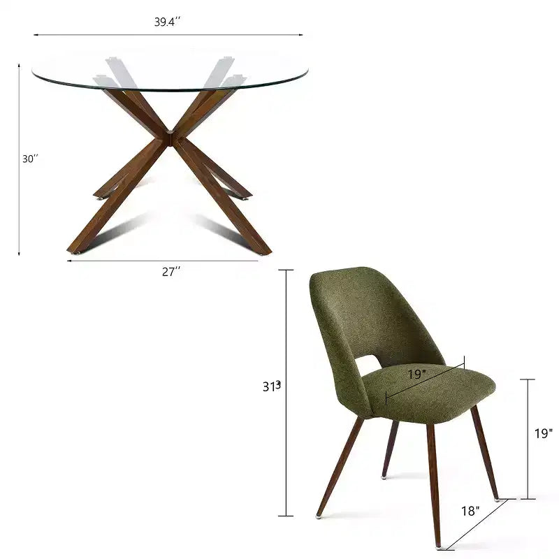 Ensemble de salle à manger rond 5 pièces en verre avec chaises en tissu rembourré, meubles de cuisine et de salle à manger modernes avec pieds en noyer-Panipeachy
