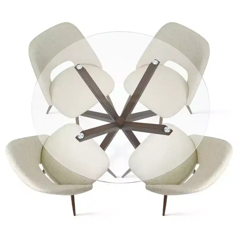 Ensemble de salle à manger rond 5 pièces en verre avec chaises en tissu rembourré, meubles de cuisine et de salle à manger modernes avec pieds en noyer-Panipeachy
