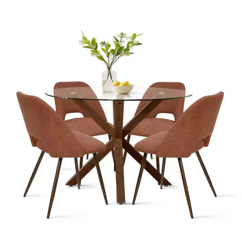 Ensemble de salle à manger rond 5 pièces en verre avec chaises en tissu rembourré, meubles de cuisine et de salle à manger modernes avec pieds en noyer-Panipeachy
