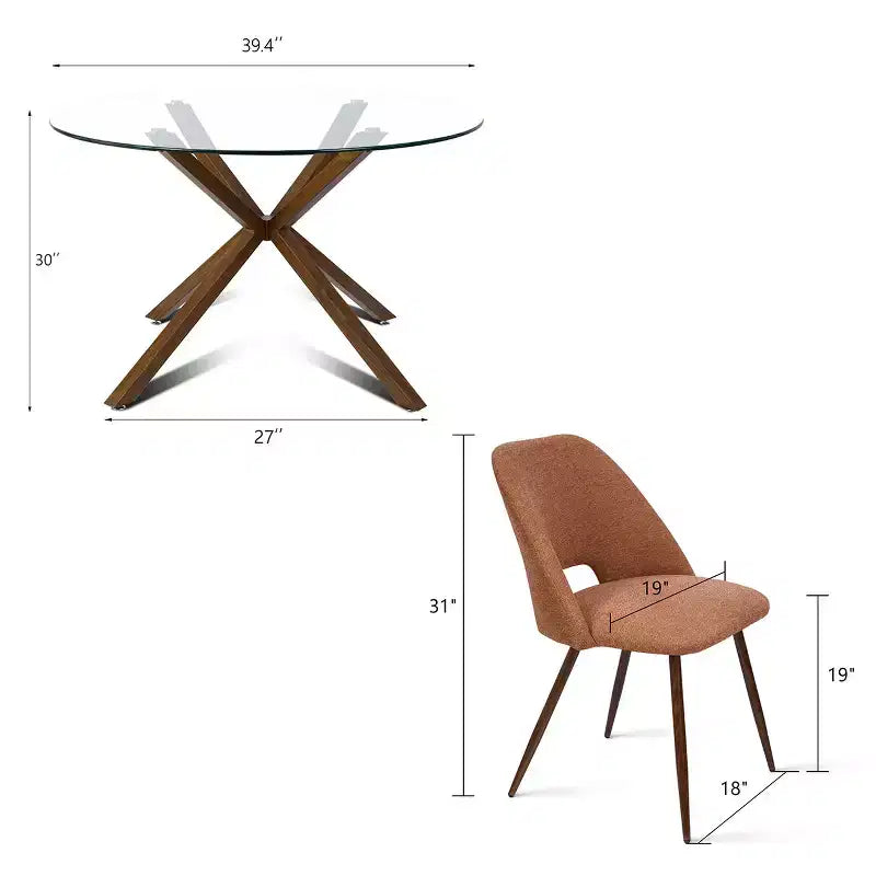 Ensemble de salle à manger rond 5 pièces en verre avec chaises en tissu rembourré, meubles de cuisine et de salle à manger modernes avec pieds en noyer-Panipeachy