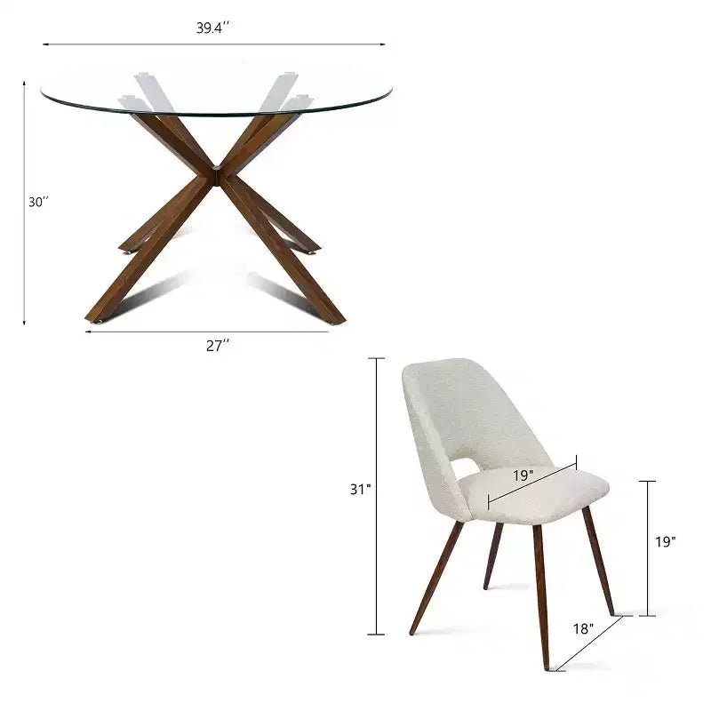 Ensemble de salle à manger rond 5 pièces en verre avec chaises en tissu rembourré, meubles de cuisine et de salle à manger modernes avec pieds en noyer-Panipeachy