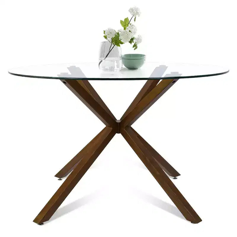 Ensemble de salle à manger rond 5 pièces en verre avec chaises en tissu rembourré, meubles de cuisine et de salle à manger modernes avec pieds en noyer-Panipeachy
