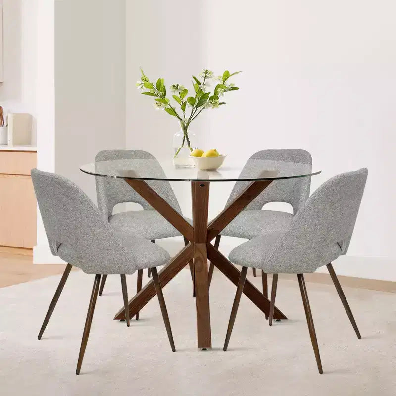 Ensemble de salle à manger rond 5 pièces en verre avec chaises en tissu rembourré, meubles de cuisine et de salle à manger modernes avec pieds en noyer-Panipeachy