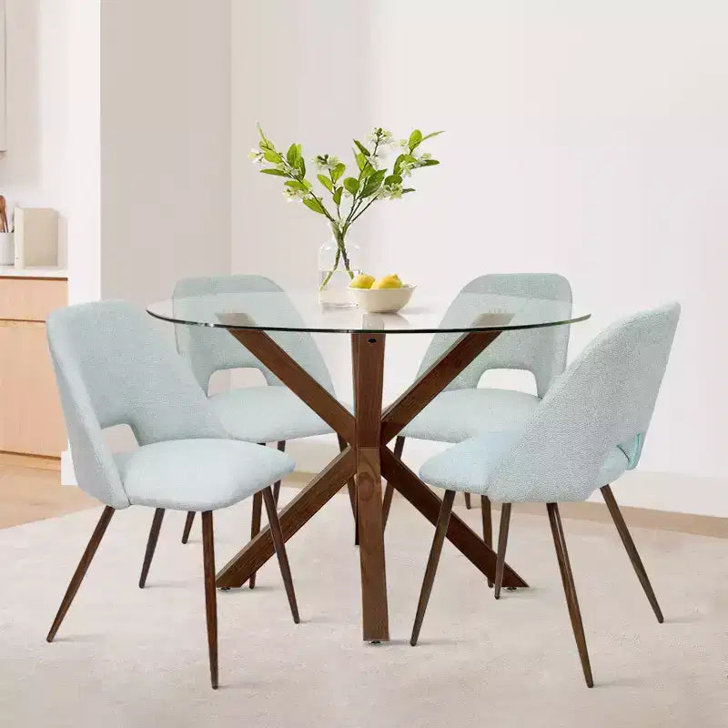 Ensemble de salle à manger rond 5 pièces en verre avec chaises en tissu rembourré, meubles de cuisine et de salle à manger modernes avec pieds en noyer-Panipeachy
