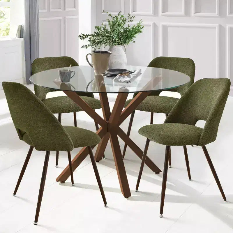 Ensemble de salle à manger rond 5 pièces en verre avec chaises en tissu rembourré, meubles de cuisine et de salle à manger modernes avec pieds en noyer-Panipeachy
