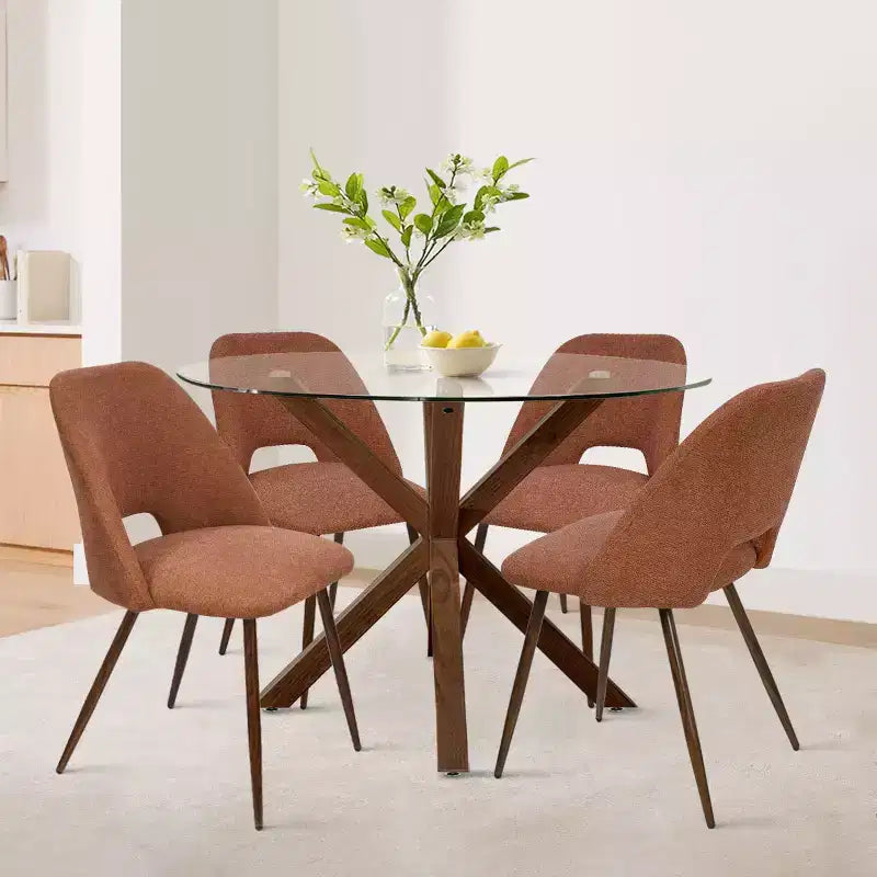 Ensemble de salle à manger rond 5 pièces en verre avec chaises en tissu rembourré, meubles de cuisine et de salle à manger modernes avec pieds en noyer-Panipeachy