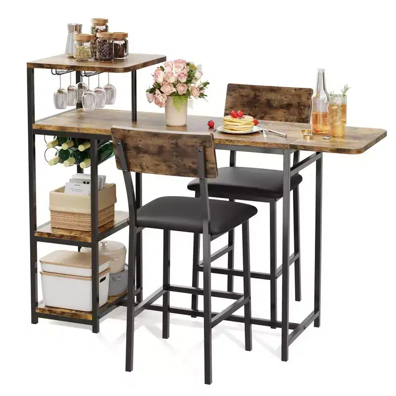 Ensemble table et chaises de salle à manger pour 2 personnes, ensemble de table de bar et chaises extensible 3 pièces, avec étagères de rangement et casier à vin, petit ensemble de salle à manger pour salon