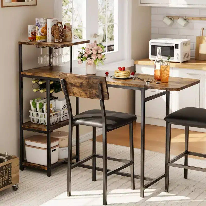 Ensemble table et chaises de salle à manger pour 2 personnes, ensemble de table de bar et chaises extensible 3 pièces, avec étagères de rangement et casier à vin, petit ensemble de salle à manger pour salon