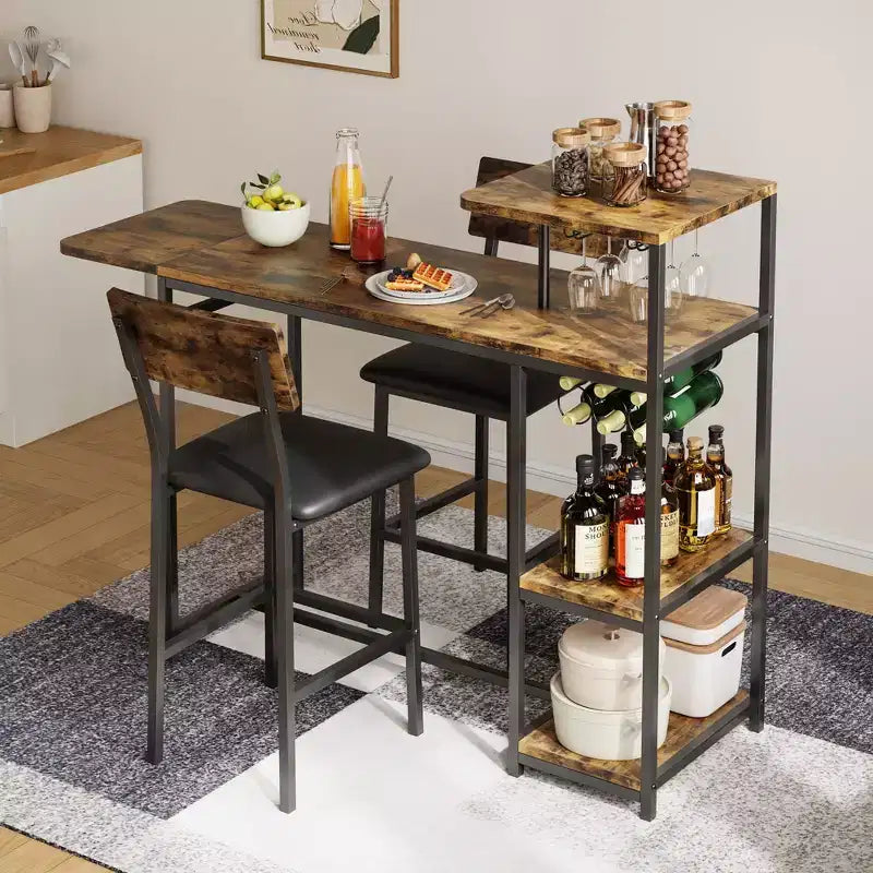 Ensemble table et chaises de salle à manger pour 2 personnes, ensemble de table de bar et chaises extensible 3 pièces, avec étagères de rangement et casier à vin, petit ensemble de salle à manger pour salon