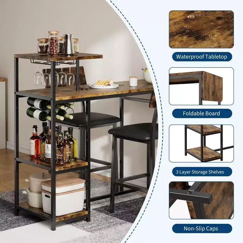 Ensemble table et chaises de salle à manger pour 2 personnes, ensemble de table de bar et chaises extensible 3 pièces, avec étagères de rangement et casier à vin, petit ensemble de salle à manger pour salon
