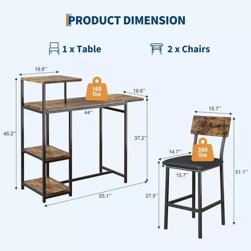 Ensemble table et chaises de salle à manger pour 2 personnes, ensemble de table de bar et chaises extensible 3 pièces, avec étagères de rangement et casier à vin, petit ensemble de salle à manger pour salon