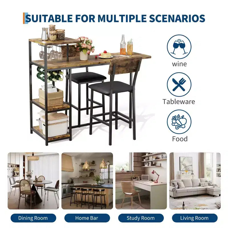 Ensemble table et chaises de salle à manger pour 2 personnes, ensemble de table de bar et chaises extensible 3 pièces, avec étagères de rangement et casier à vin, petit ensemble de salle à manger pour salon