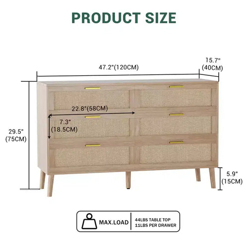 Commode à 6 tiroirs pour chambre à coucher, commode en rotin naturel avec poignées en métal doré, commode de style ferme avec 5 pieds robustes pour salon, couloir
