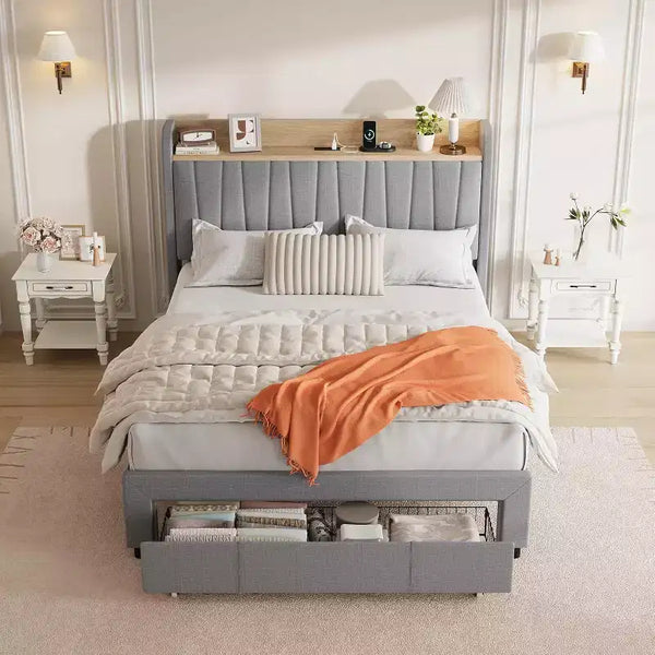 Lit rembourré pleine grandeur avec tête de lit de rangement, station de recharge, tiroir de rangement, support à lattes en bois, silencieux, beige