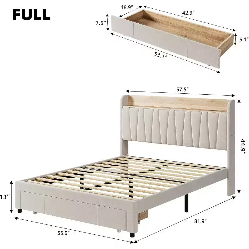 Lit rembourré pleine grandeur avec tête de lit de rangement, station de recharge, tiroir de rangement, support à lattes en bois, silencieux, beige