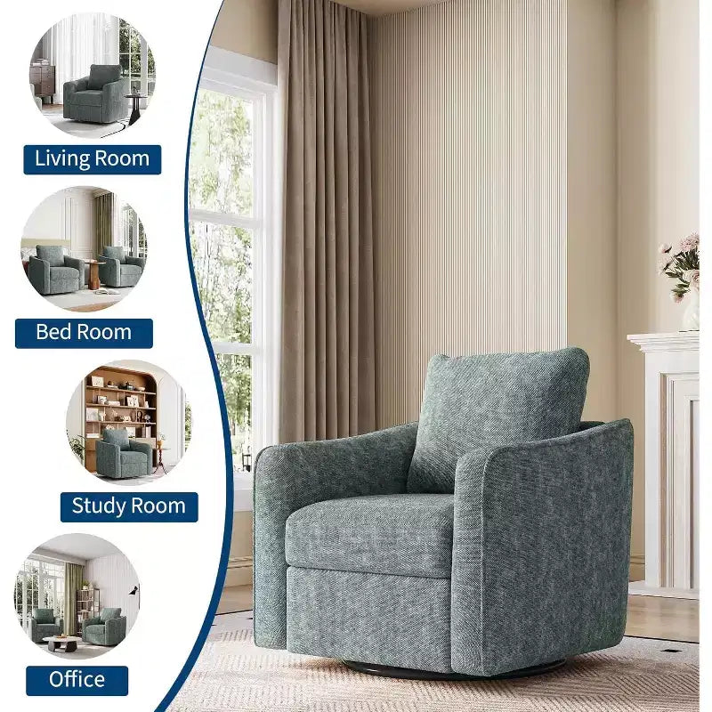 Fauteuil pivotant à 360°, dossier ergonomique, revêtement en lin, base en acier, supporte 200 kg, pour salon, chambre, bureau