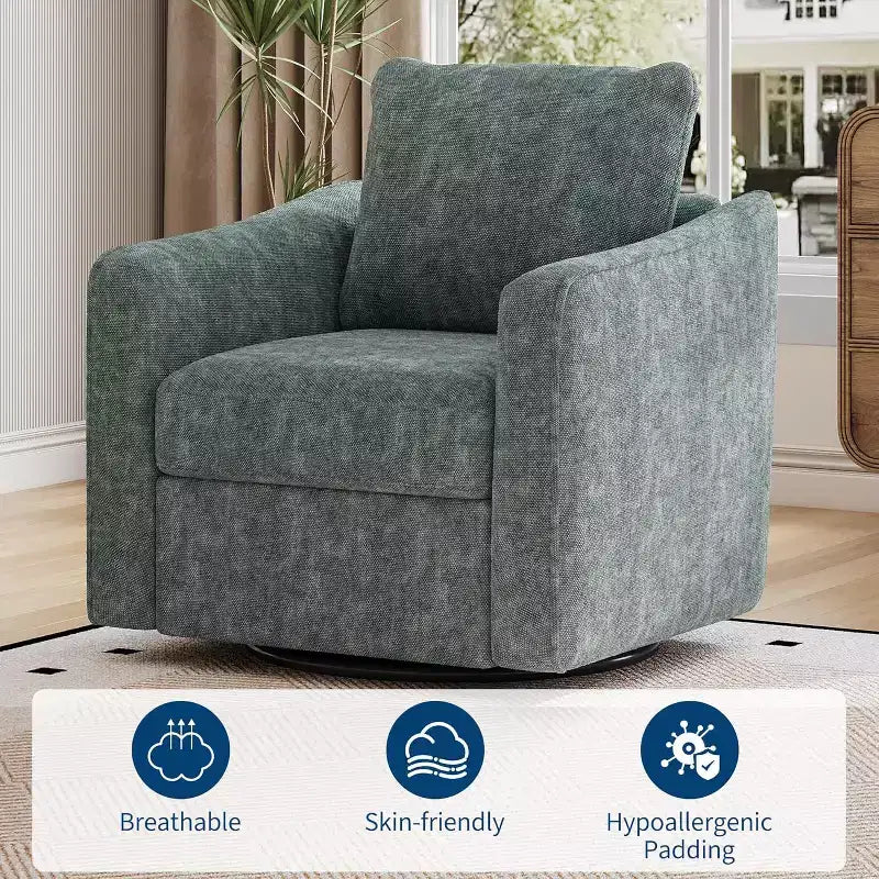 Fauteuil pivotant à 360°, dossier ergonomique, revêtement en lin, base en acier, supporte 200 kg, pour salon, chambre, bureau
