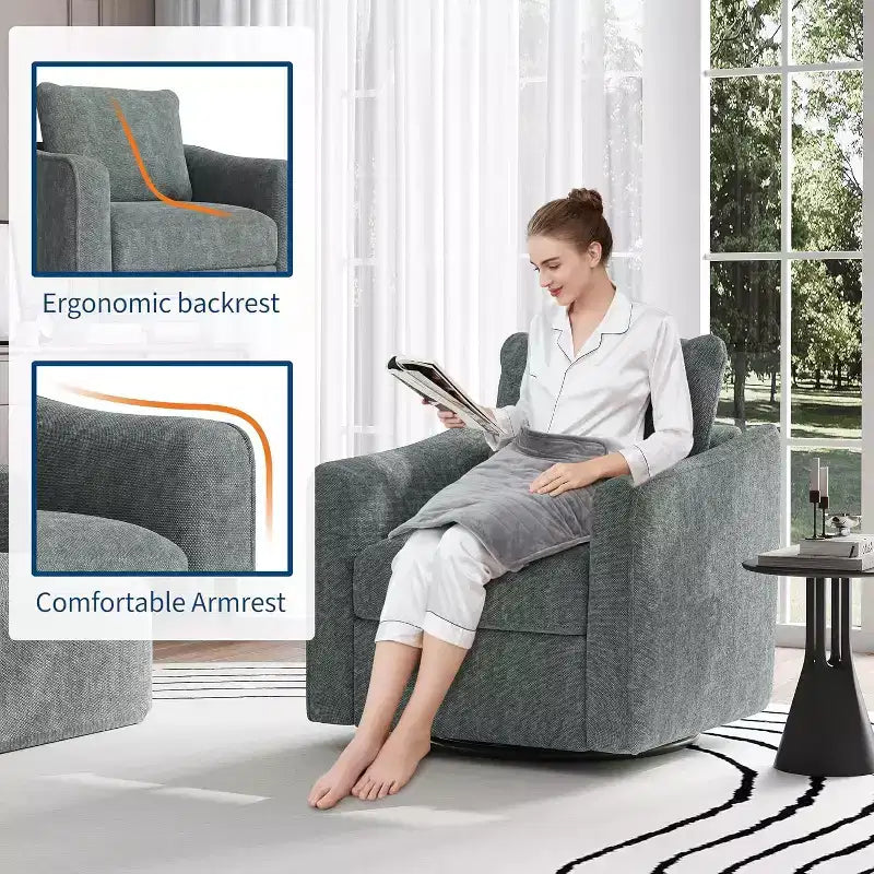 Fauteuil pivotant à 360°, dossier ergonomique, revêtement en lin, base en acier, supporte 200 kg, pour salon, chambre, bureau