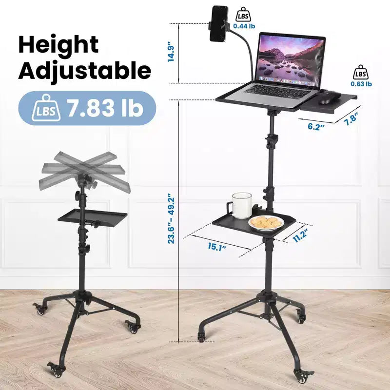 Support de projecteur à roulettes, trépied d'ordinateur portable réglable de 58,4 à 124,5 cm avec support de téléphone col de cygne, support de sol portable pour bureau, scène