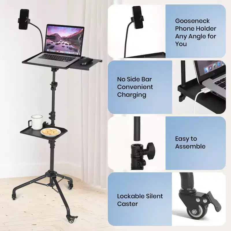 Support de projecteur à roulettes, trépied d'ordinateur portable réglable de 58,4 à 124,5 cm avec support de téléphone col de cygne, support de sol portable pour bureau, scène