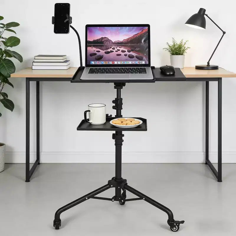 Support de projecteur à roulettes, trépied d'ordinateur portable réglable de 58,4 à 124,5 cm avec support de téléphone col de cygne, support de sol portable pour bureau, scène