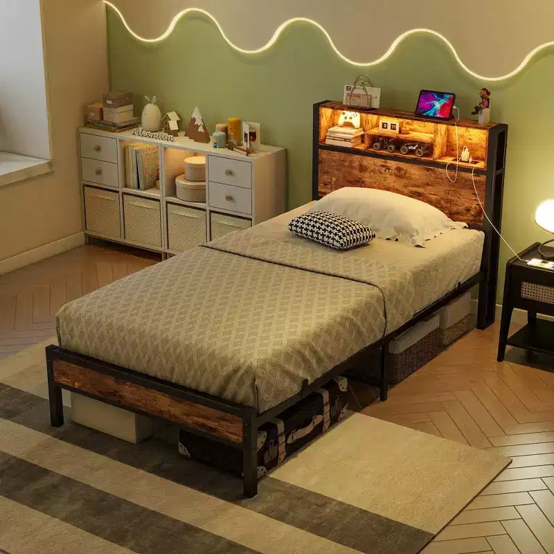 Cadre de lit simple avec tête de lit de rangement, station de recharge et lumières LED RVB, robuste, sommier tapissier non requis