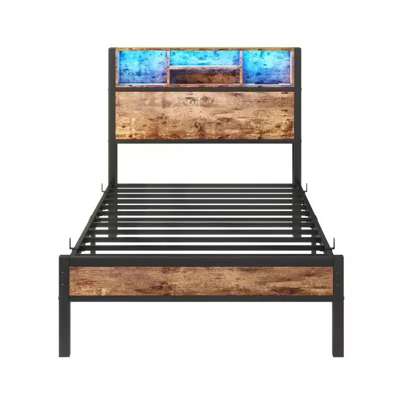 Cadre de lit simple avec tête de lit de rangement, station de recharge et lumières LED RVB, robuste, sommier tapissier non requis