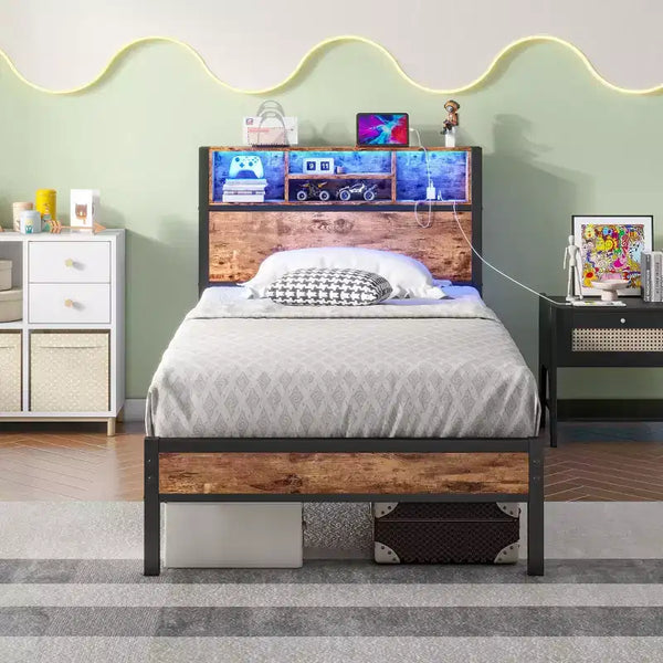 Cadre de lit simple avec tête de lit de rangement, station de recharge et lumières LED RVB, robuste, sommier tapissier non requis