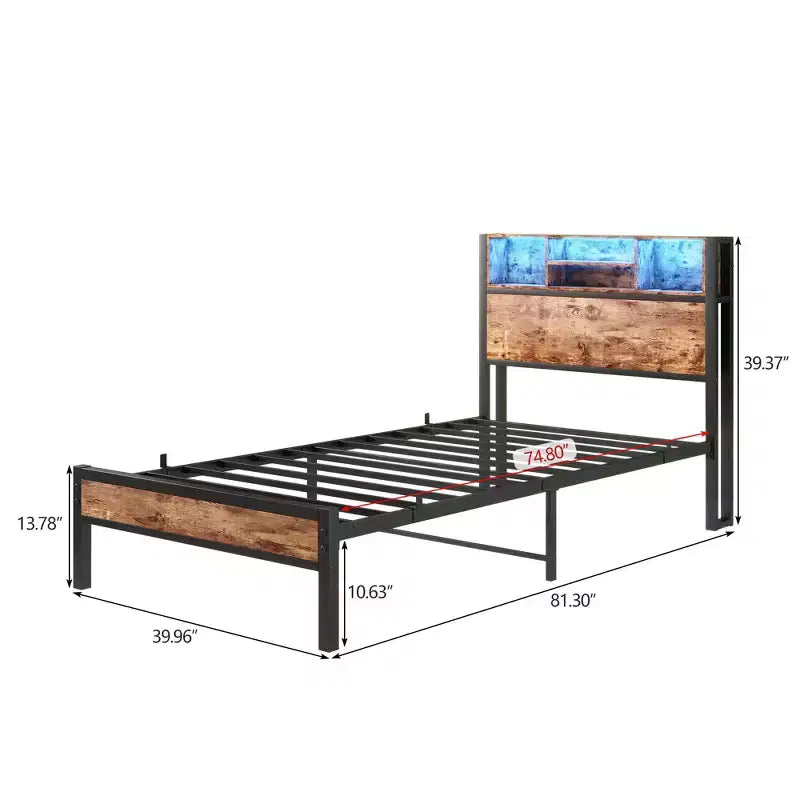 Cadre de lit simple avec tête de lit de rangement, station de recharge et lumières LED RVB, robuste, sommier tapissier non requis