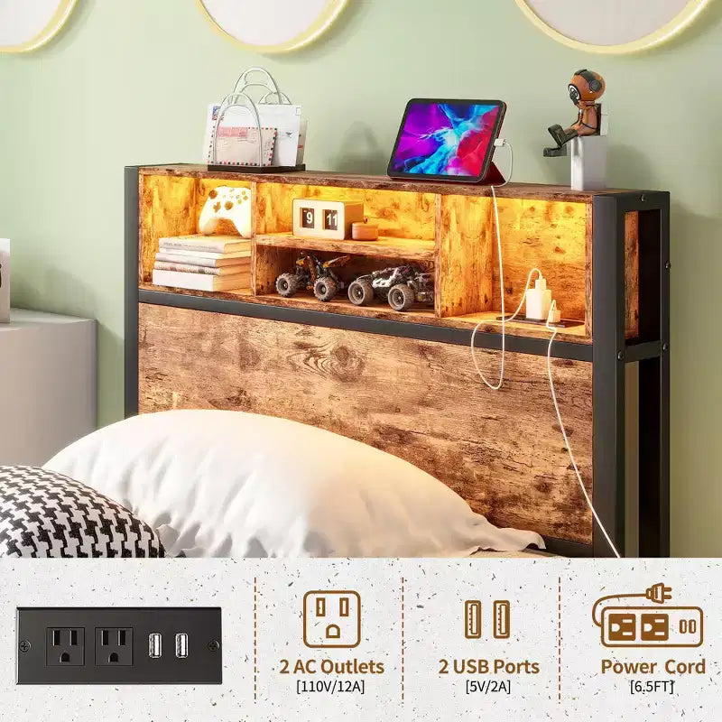 Cadre de lit simple avec tête de lit de rangement, station de recharge et lumières LED RVB, robuste, sommier tapissier non requis