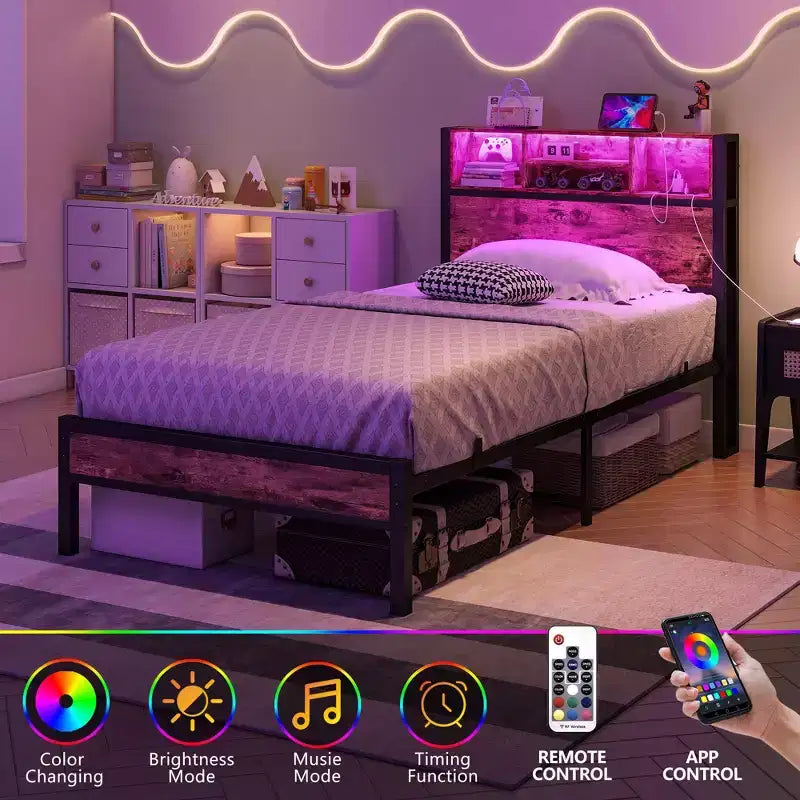 Cadre de lit simple avec tête de lit de rangement, station de recharge et lumières LED RVB, robuste, sommier tapissier non requis