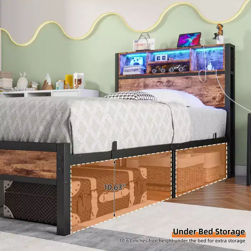 Cadre de lit simple avec tête de lit de rangement, station de recharge et lumières LED RVB, robuste, sommier tapissier non requis