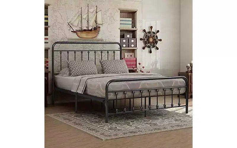 Cadre de lit plateforme en métal Queen Size avec tête de lit et pied de lit, support en lattes d'acier, aucun sommier tapissier requis